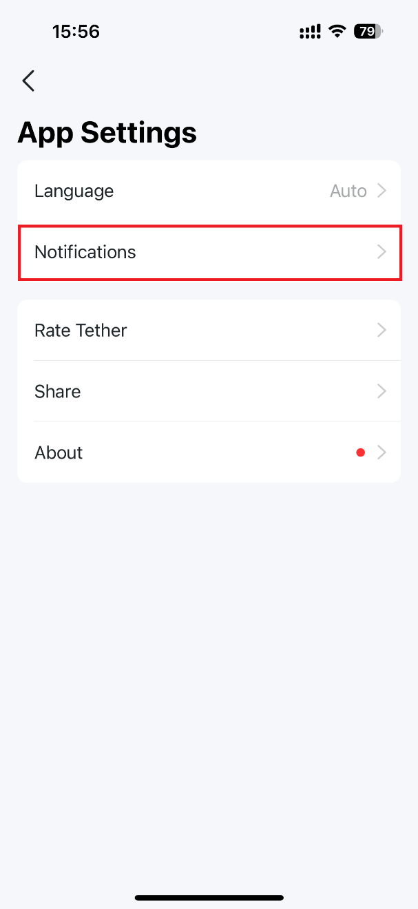 The App Settings page shows options to set Language, Notifications (highlighted), Rate Tether, Share, and About.