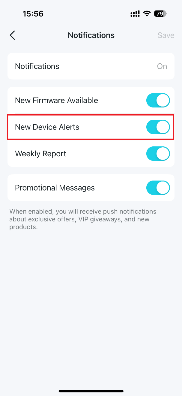 The Notification page with the New Device Alerts toggled on.