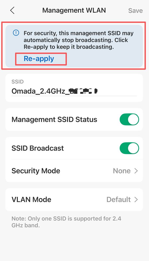 Omada App Management WLAN page showing a reminder for a Management SSID that may automatically stop broadcasting, with settings below.
