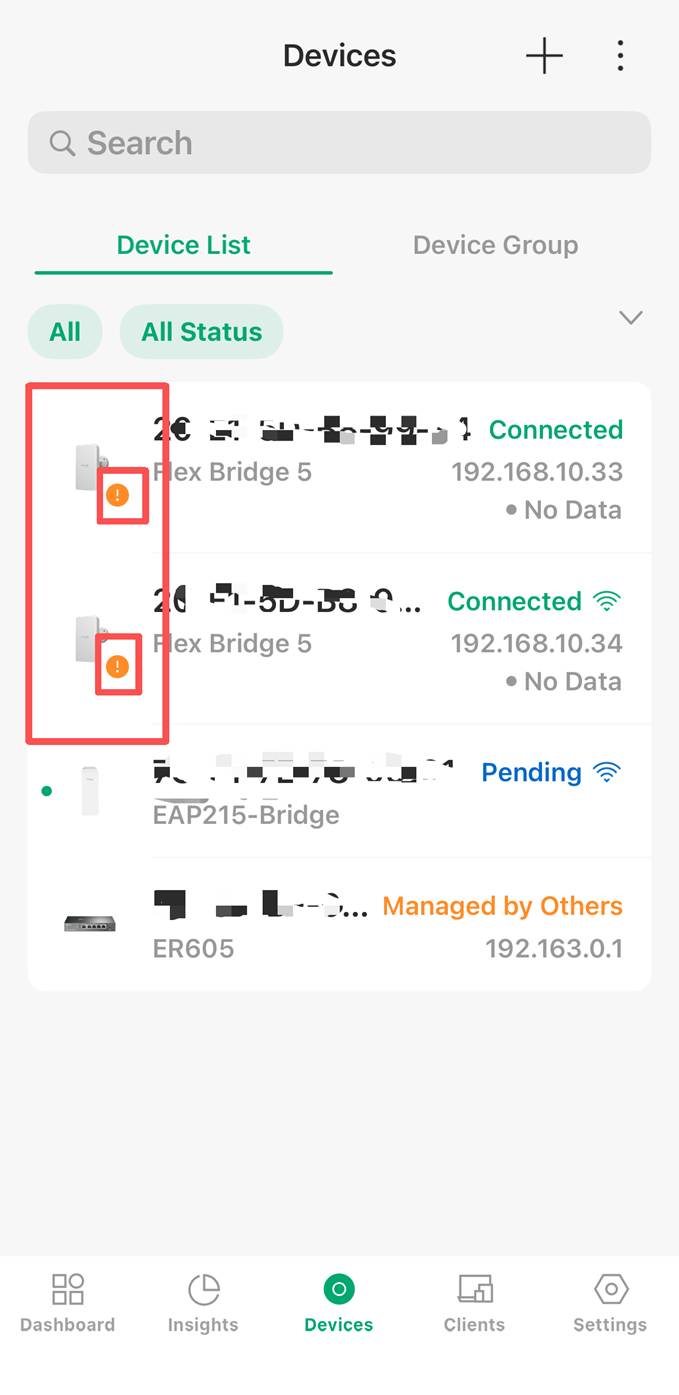 Omada App Device List showing warning icons next to Flex Bridge devices whose Management SSID may automatically stop broadcasting.