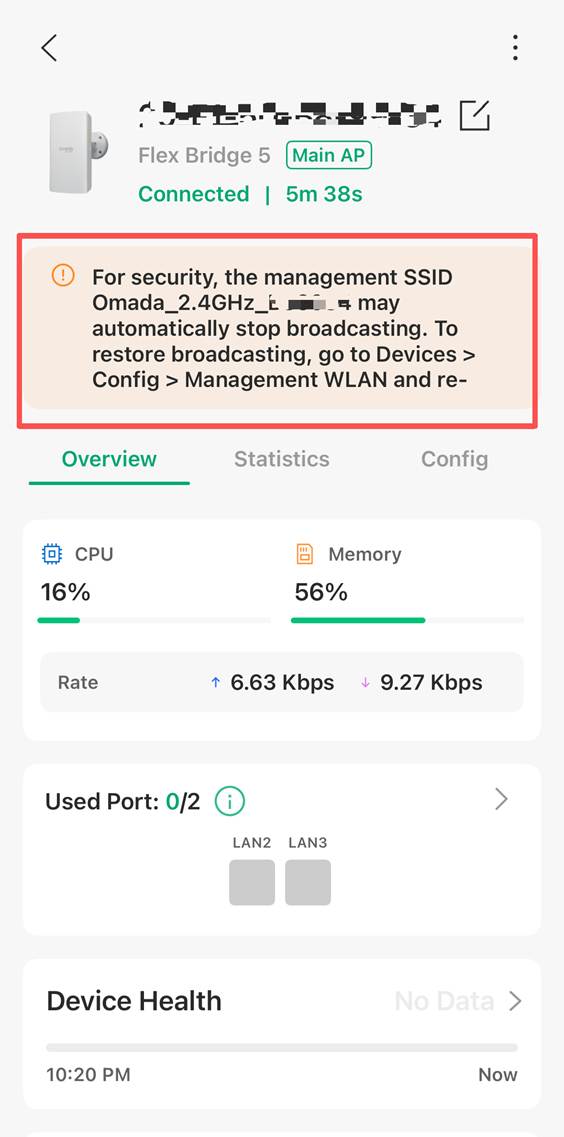 Omada App device details page showing a Management SSID stop-broadcasting warning banner.