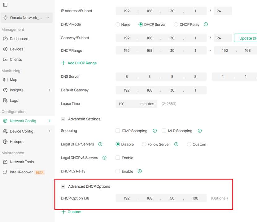 Setting DHCP Option 138 when config the VLAN 30 and VLAN 40 in this network.