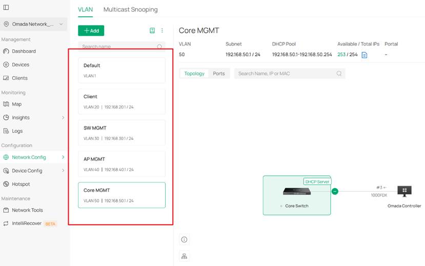 Client Network, SW MGMT Network, AP MGMT Network and Core MGMT Network have been configured.