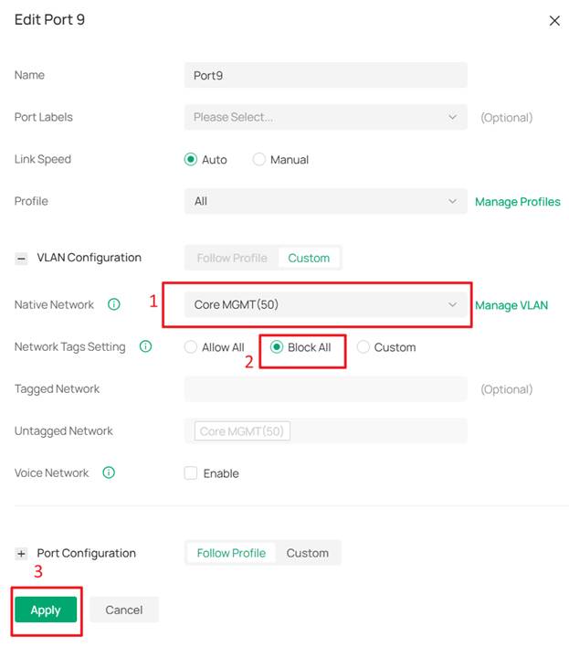 Set the Controller port to allow only Omada management traffic.