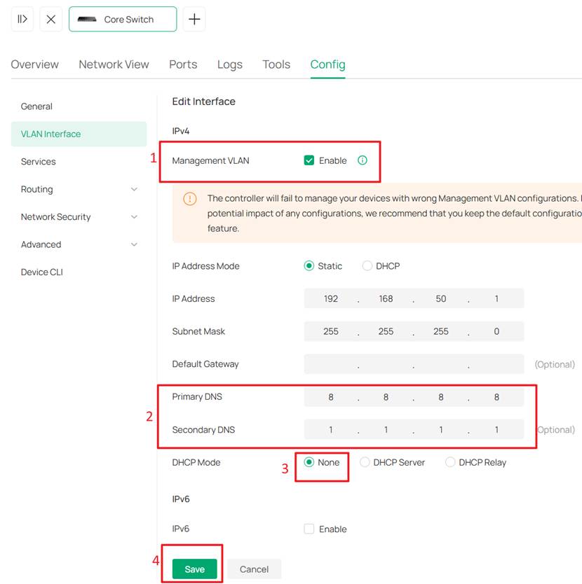 Setting VLAN 50 interface as Management VLAN.