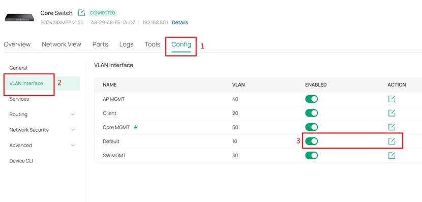 Página de configuração mostrando a opção AÇÃO de rede padrão em Configuração > Interface VLAN.