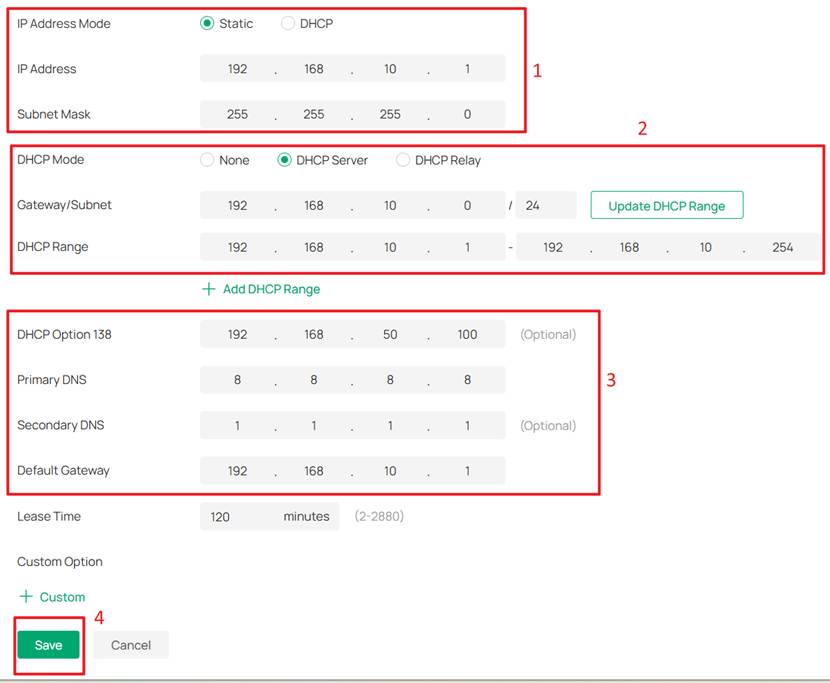 Configuration page showing the setting of the IP Address, DHCP Range, DHCP Option 138 and Default Gateway. 