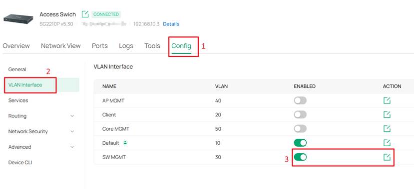 Configuration page showing the ACTION option for SW MGM under Config > VLAN Interface.
