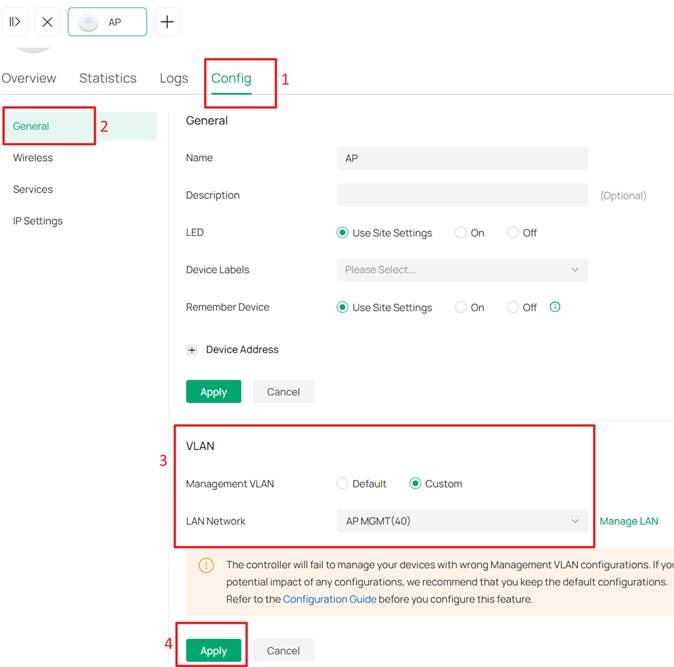 Edit the Management VLAN to AP MGMT (VLAN 40).