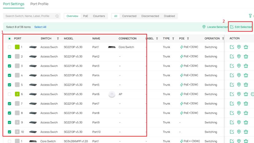 Select all client ports and edit them in bulk.