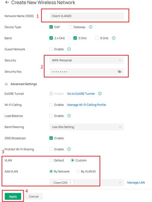 Setting VLAN of SSID for clients as Client Network (VLAN 20).