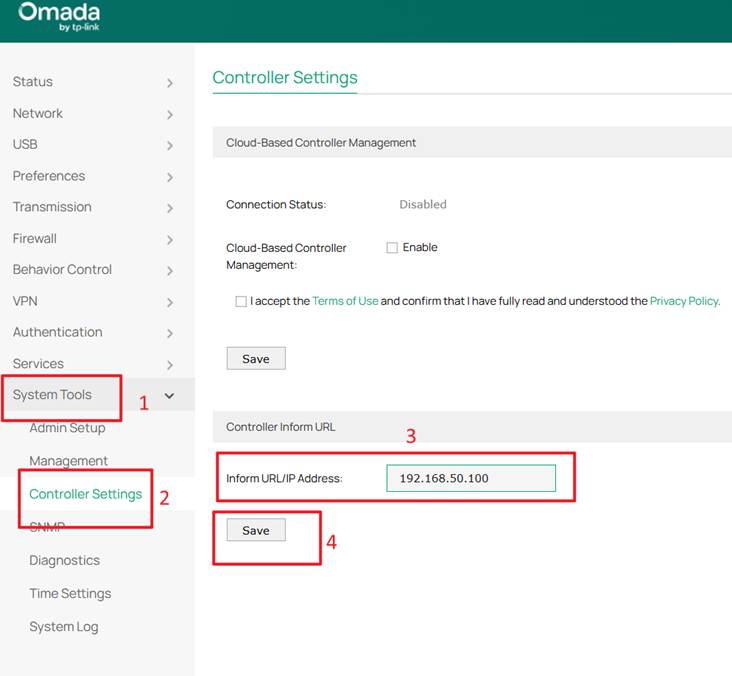 Configure the Inform URL/IP Address to allow the gateway to discover the Controller.