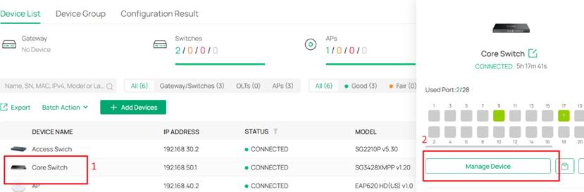 Go to the private configuration page of Core Switch.