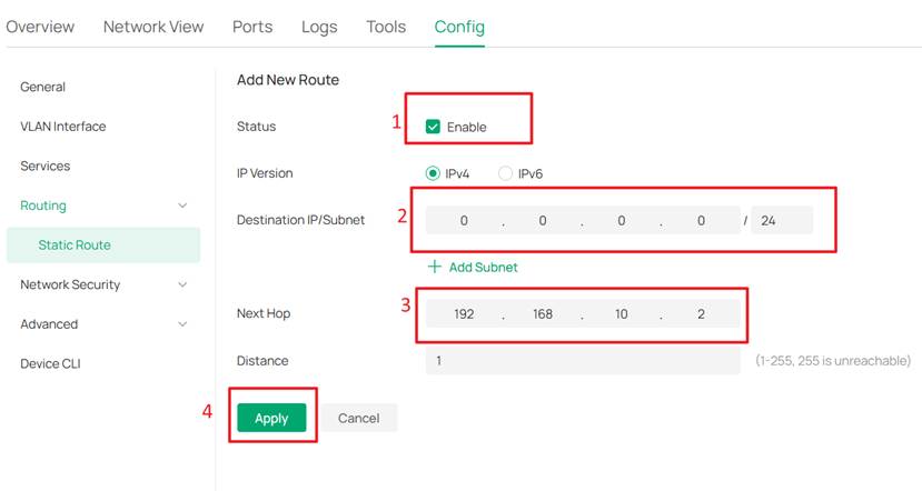 Default static route configured to forward Internet traffic.