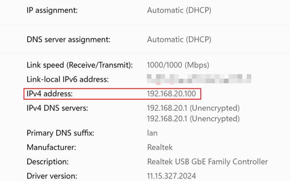 The IP address of wired client obtained.