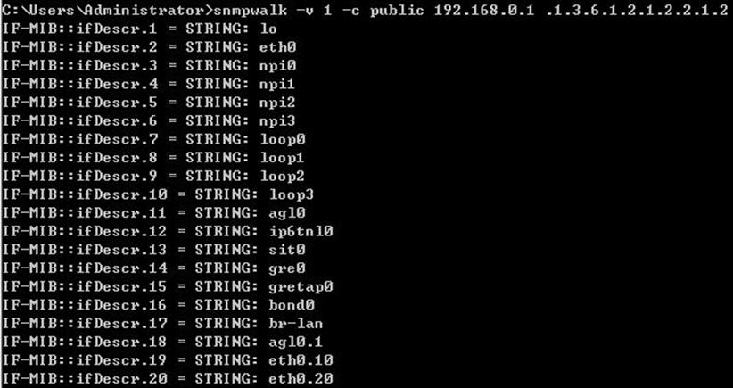 SNMP Walk output displaying Omada Gateway interface OIDs for LAN and WAN ports using ifDescr mappings