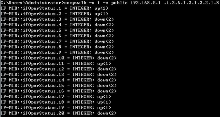 SNMP Walk output showing Omada Gateway interface link status, with WAN1 up and WAN2 down via ifOperStatu