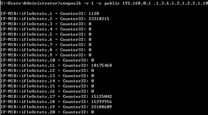 Commend window displaying counter32 status from 1.3.6.1.2.1.2.2.1.10