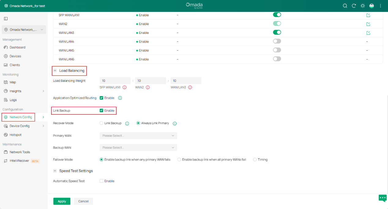 Load Balancing settings in the Omada Controller with Link Backup option enabled.