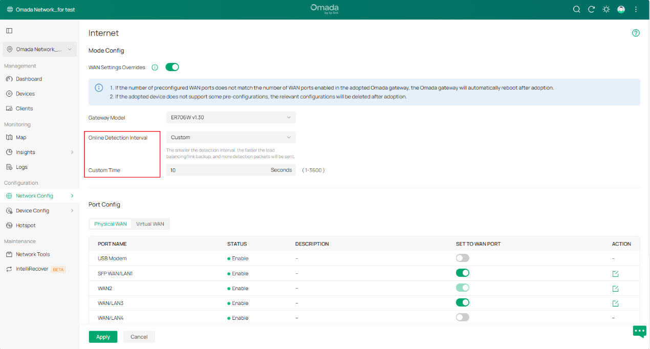 Omada Gateway WAN Mode settings showing the Online Detection Interval configuration.