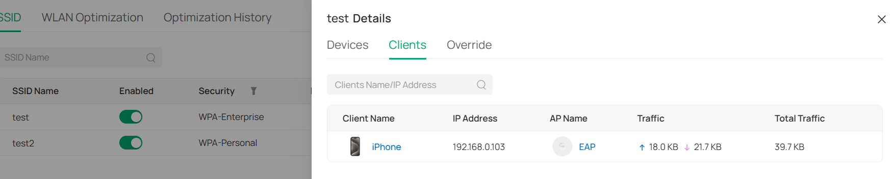 The details of SSID Details – Clients page.