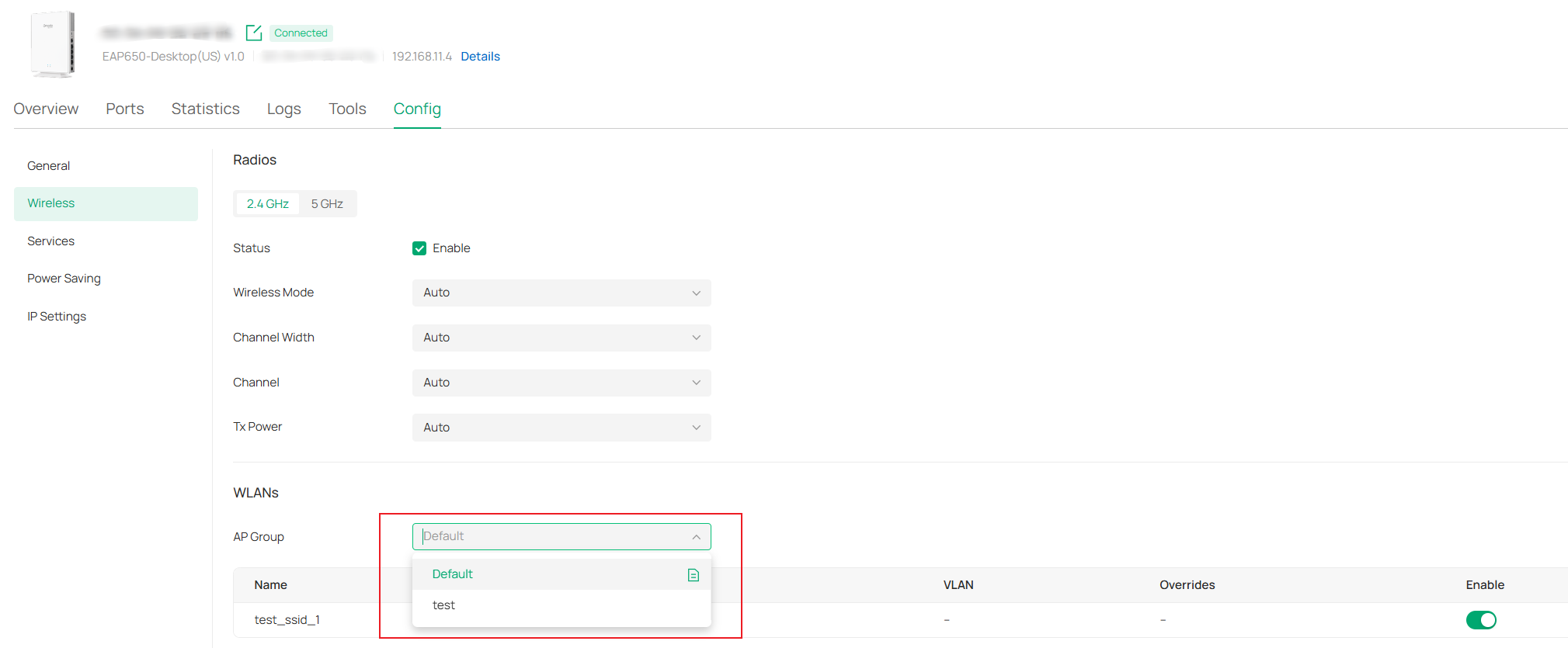 The AP group function in the device private management page