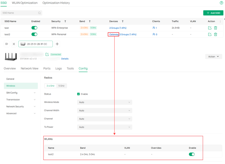 WLAN display in the device's private management page of Wi-Fi Gateway