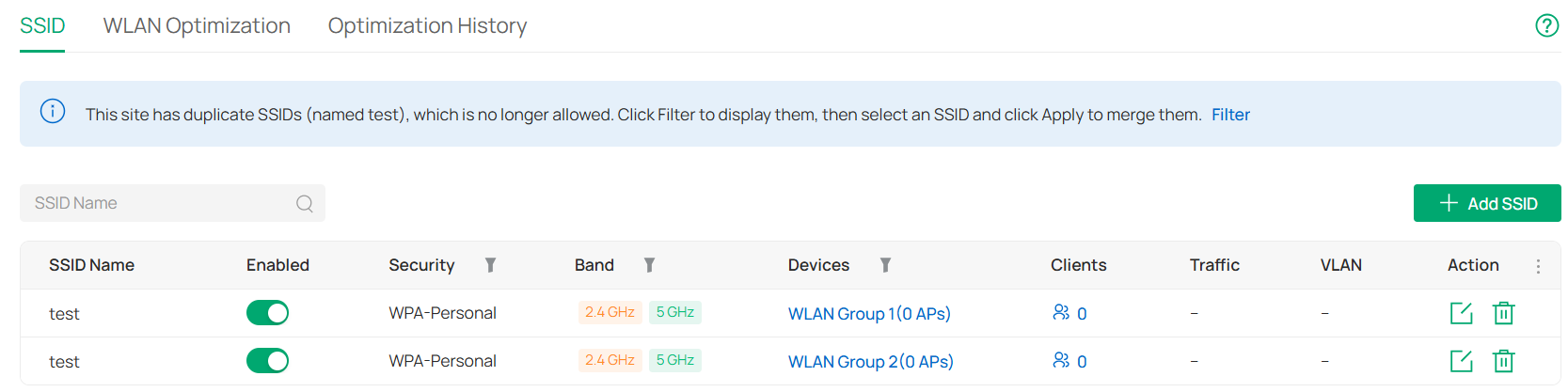 If the SSIDs are not merged, both SSIDs with the same name can continue to be used