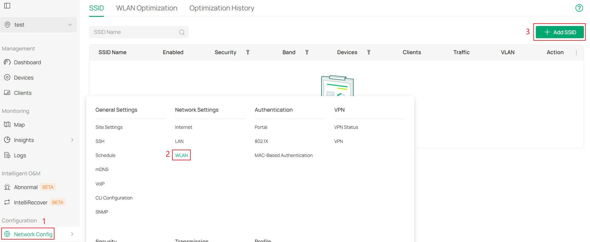Omada Controller v6.3 WLAN settings page showing the Add SSID function under Network Configuration