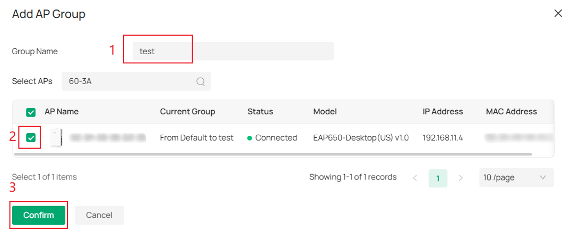 Add AP Group page displaying the access point available for selection