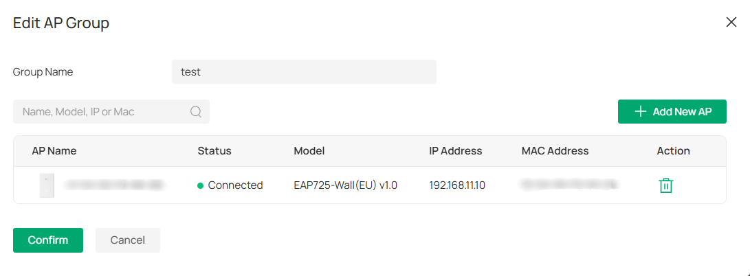 Edit AP Group page showing options to add new access points or remove existing access points