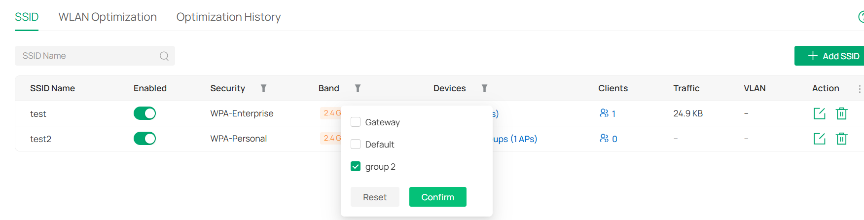 SSID settings page showing AP Group filter options in the Devices column