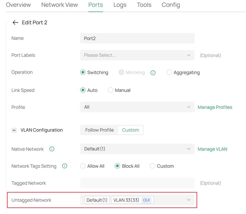 Example screenshot of automatically untagging the VLAN associated to the OUI Based VLAN Rule