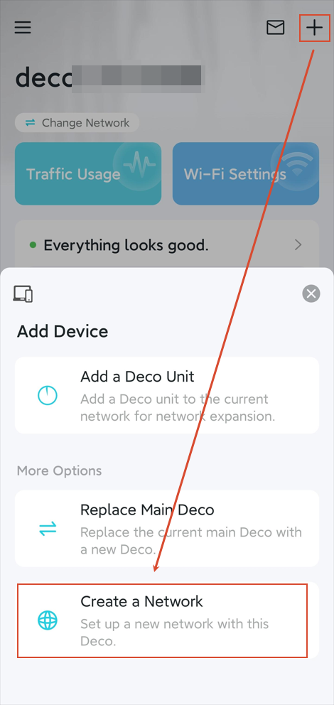 Deco app page with the plus button and the Create a Network option highlighted.