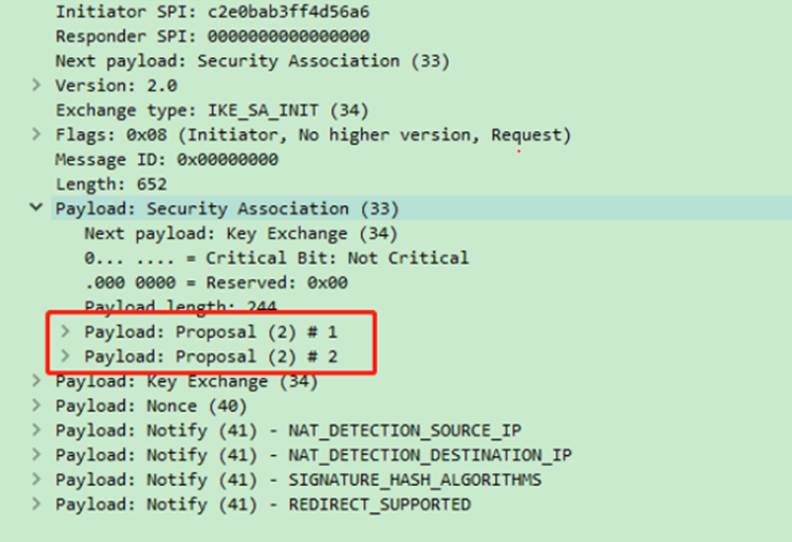 The Proposal options in the first packet the client initiated