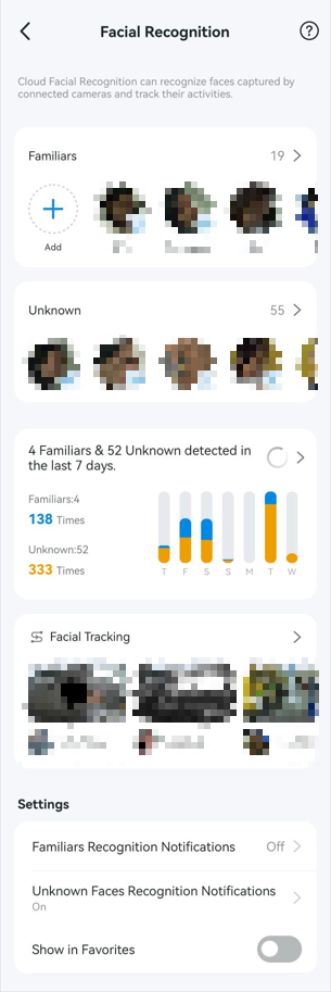 Facial Recognition page showing Familiars, Unknown Faces, facial recognition report and related settings.