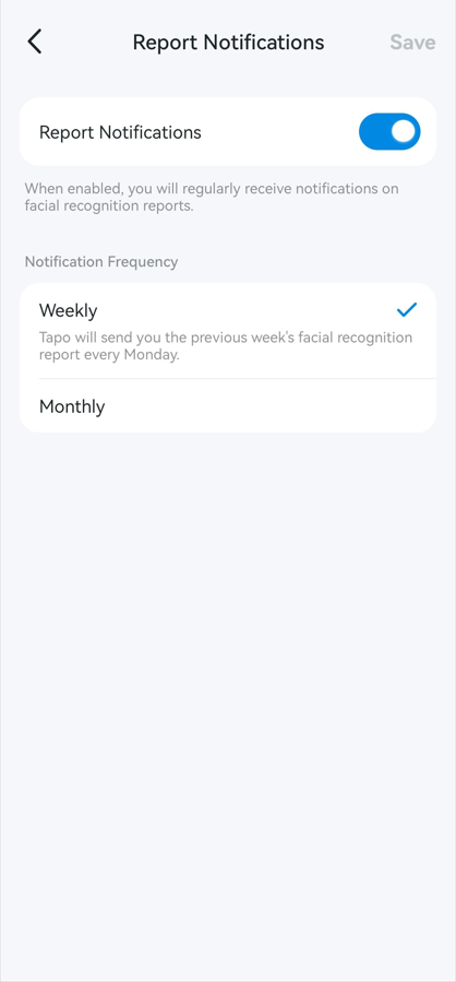 Enable or disable facial recognition report notifications and set notification frequency.