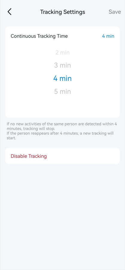 Enable or disable Tracking and set continuous tracking time.