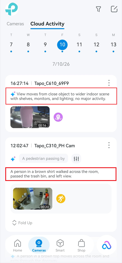 View video summaries in Tapo app Cameras page.
