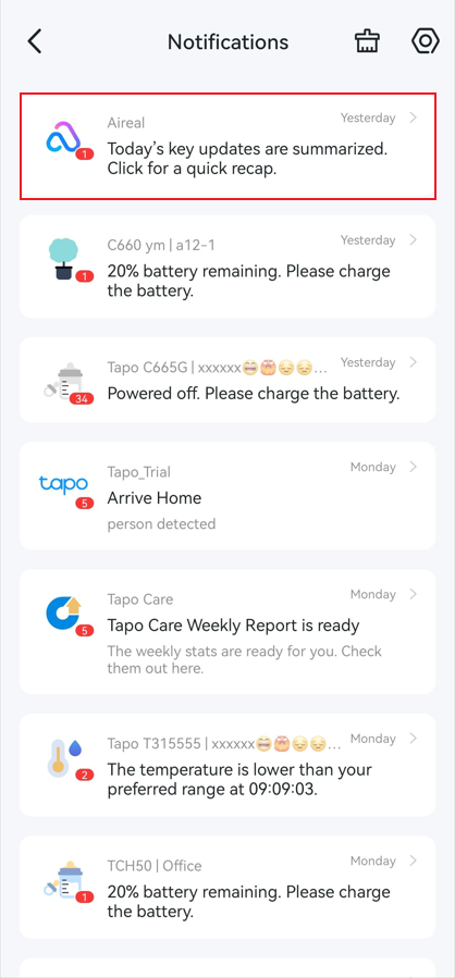 Check daily summary in Tapo app Notifications page.