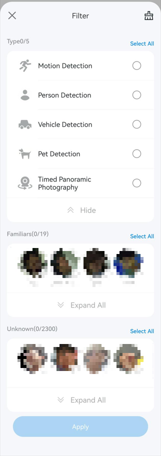 Choose detection types to filter recordings.