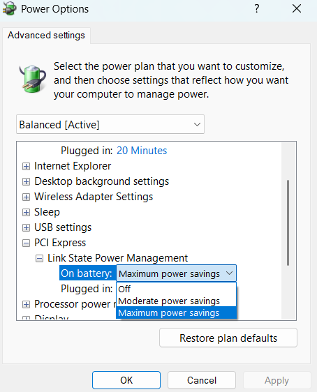 The Link State Power management Option.