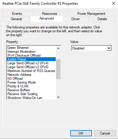 The TX401 Advanced setting of the Jumbo Packet.
