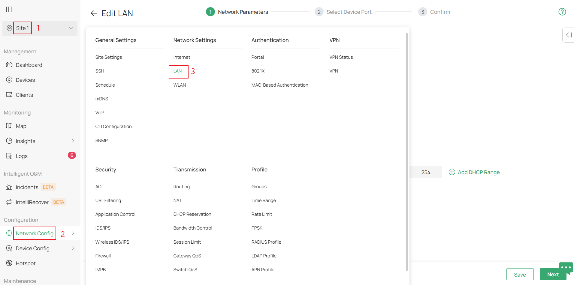 Controller LAN Settings is under site view and Network Config option.
