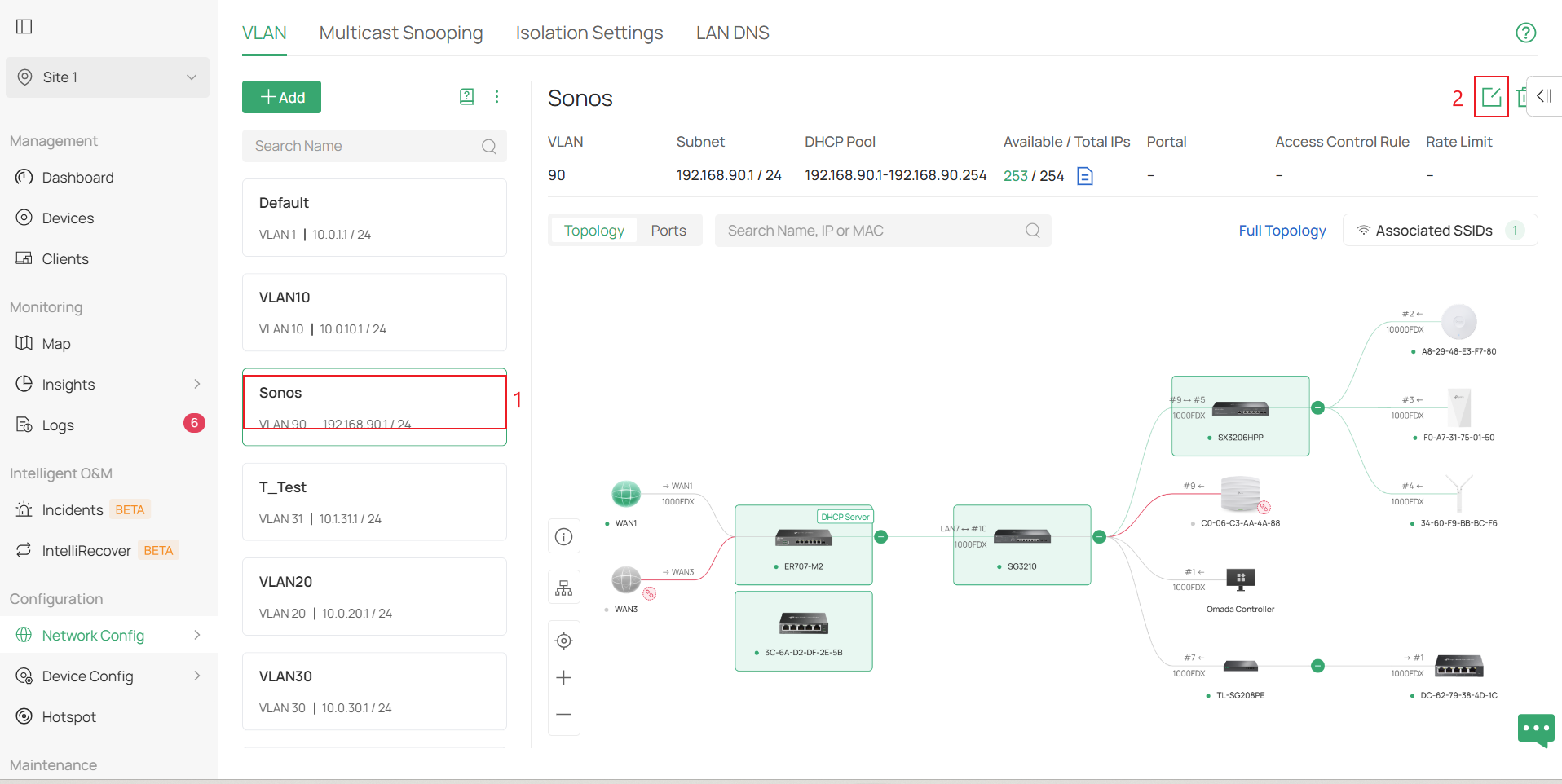 Controller LAN settings showing VLAN90 is for Sonos devices.