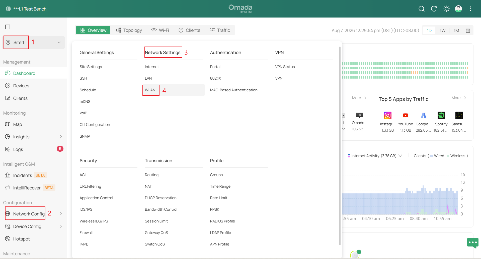 WLAN settings is under site view and Network Config option