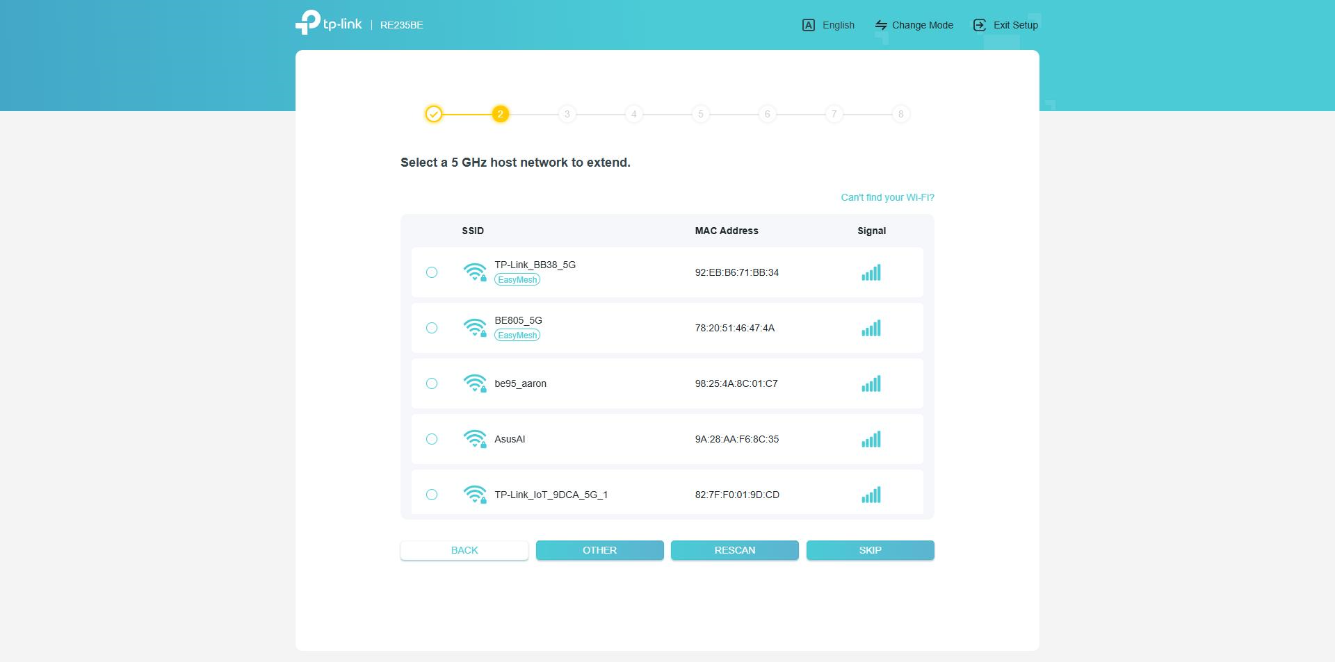 The Quick Setup page asking to select a 5GHz network to connect.