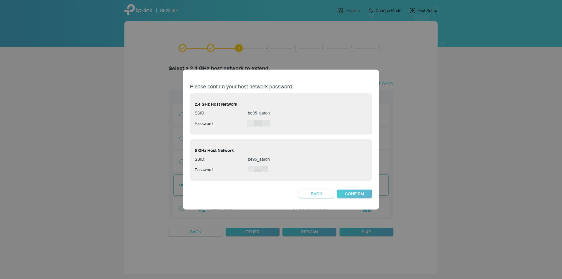 The Quick Setup page asking to confirm the router’s Wi-Fi name and password.
