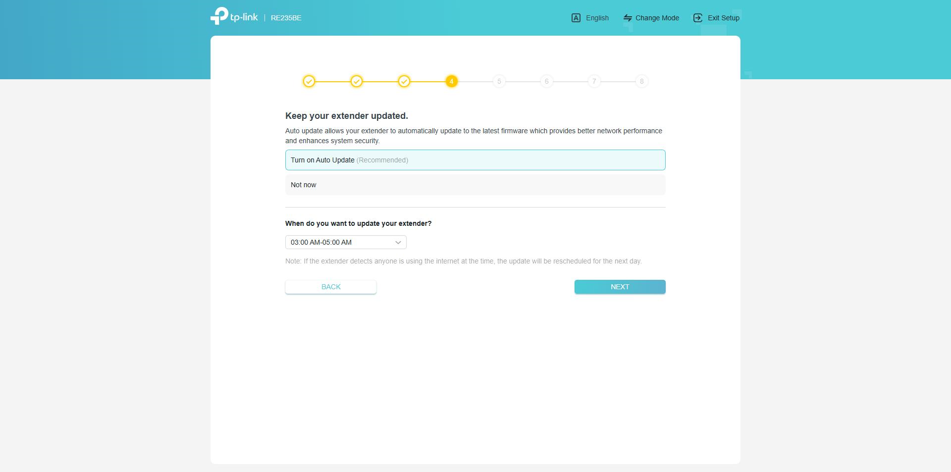 The Quick Setup page asks for permission to update the extender automatically.