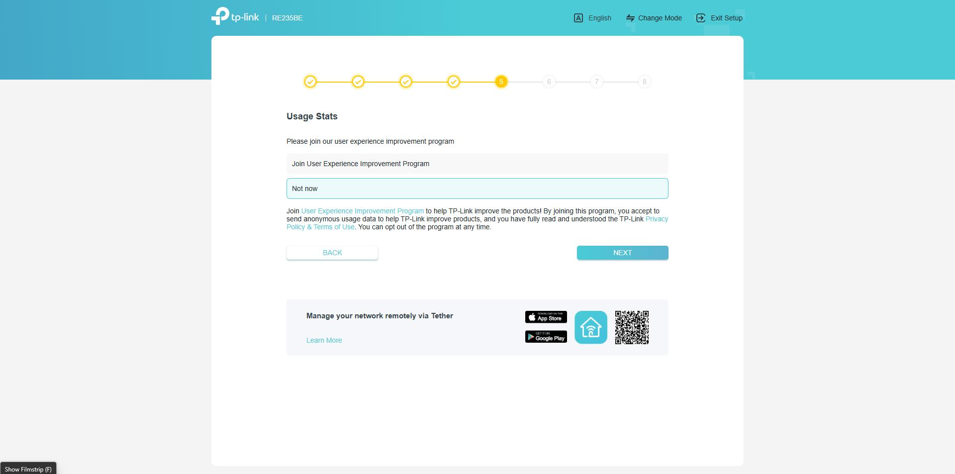 The Quick Setup page asks for permission to collect usage data.